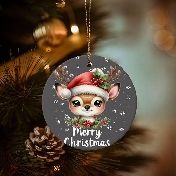 Christmas Happy Deer Christmas Ornaments, Christmas Decorations Xmas Tree Hanging Ornaments, Round Ceramic Festive Keepsake Gift for Xmas Decorations Holiday Home Decor