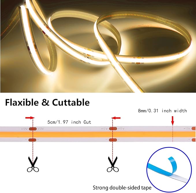 MDee】COB LED Strip Lights 3000K Warm White 4.92ft/1.5m USB Powered 5V Flexible LED Tape Lights with USB Connector CRI 90+ 800LM/m 320LEDs/m for Indoor and Outdoor Décor（3000K Warm White4.92ft/1.5m）