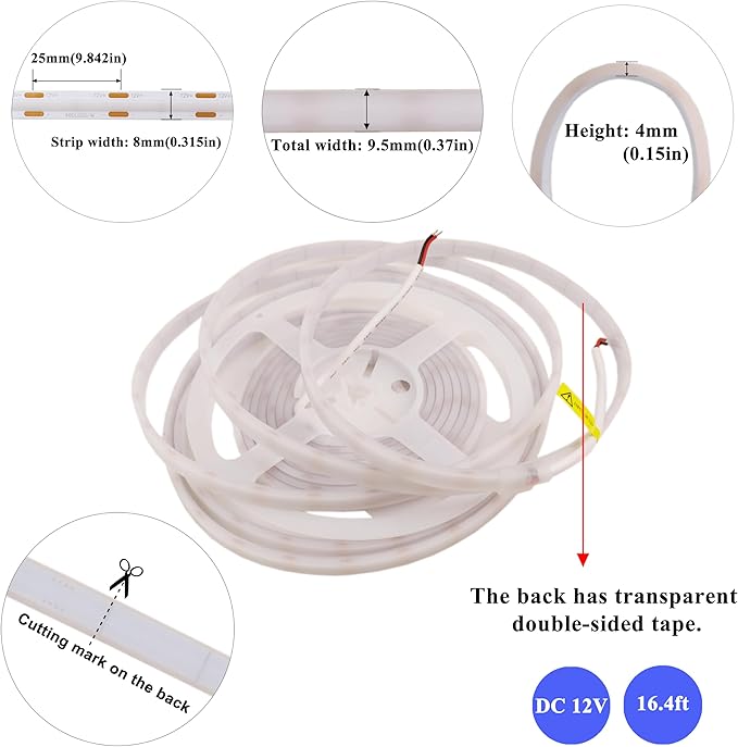 COB LED Strip Lights Waterproof IP67 Blue DC12V 16.4ft/5m 480LEDs/m 8mm Dimmable Cuttable LED Rope Lights for Outdoor Gardens Backyard DIY Decor