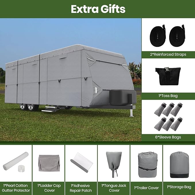 XGear Windproof Upgraded RV Cover Travel Trailer Cover, Extra-Thick 5 Layers Anti-UV Top, Rip-Stop with 2PCS Extra Straps (5 Layer/Travel Trailer Cover, Fits 27' - 30')