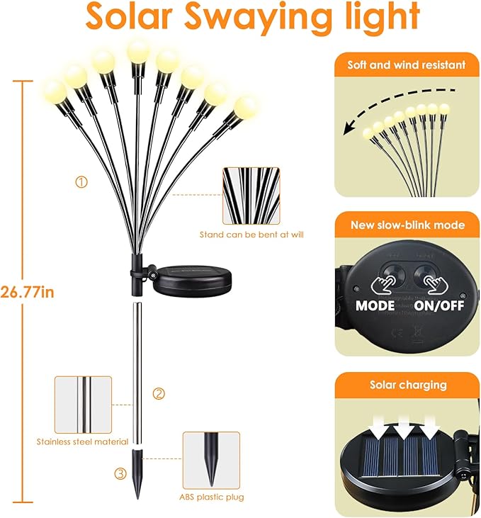 Solar Garden Lights, 8 Pack 64LED Solar Firefly Lights, Waterproof Garden Light Outdoor with 2 Lighting Modes, Swaying Light for Outside Yard, Walkway, Patio, Lawn, Flower Bed Decoration (Warm White)