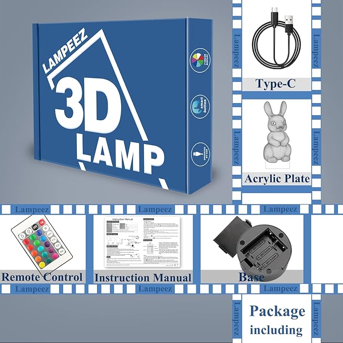Lampeez 3D Rabbit Lamp Bunny Night Light 3D Illusion lamp for Kids, 16 Colors Changing with Remote, Kids Bedroom Decor as Xmas Holiday Birthday Easter Gifts for Boys Girls