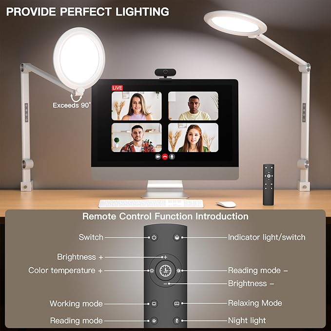 VERSKI LED Desk Lamp for Video Conferencing, Webcam Light, Reading Light, Dimmable 4 Color Modes, 18W Desk Light, Clip on Light, Eye Care Zoom Light, for Home Office and Office Use, White