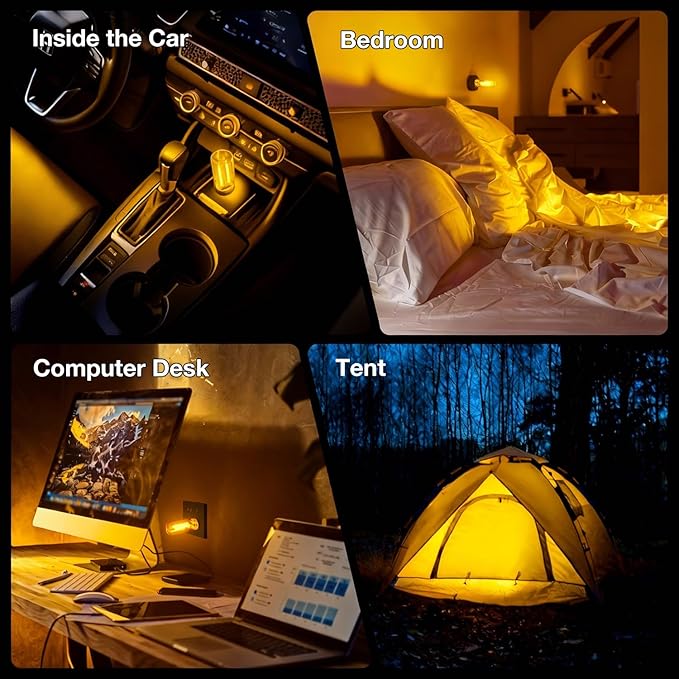 2 PCS USB Car Lights, Touch Dimmable Retro Mini Glass Bottle LED Ambient Night Light for Vehicle Interior, Bedroom, Hallway, Camping, Holiday and Party Decoration (Yellow)