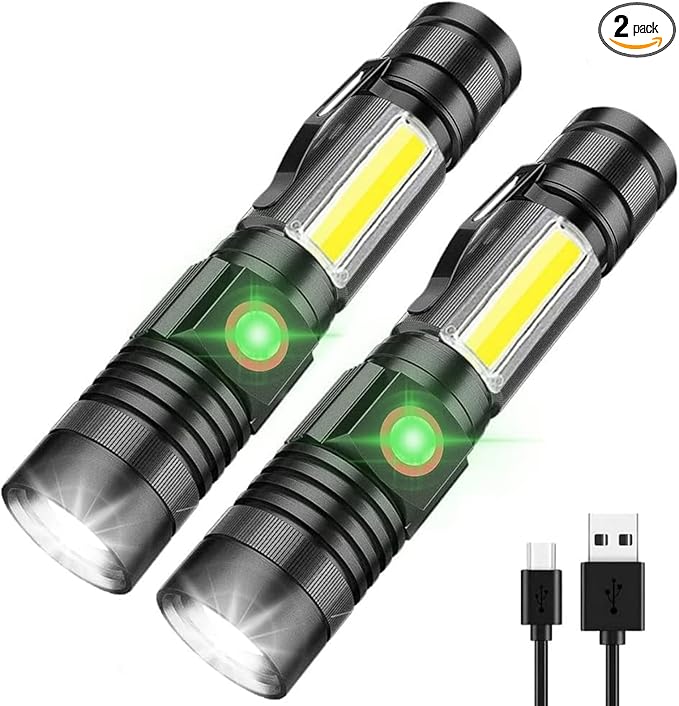 iToncs LED Rechargeable, Super Bright Magnetic Flashlight with COB Work Light, Waterproof, 4 Modes, Pocket Tactical Flashlights for Outdoor Camping Emergency 2 Packs