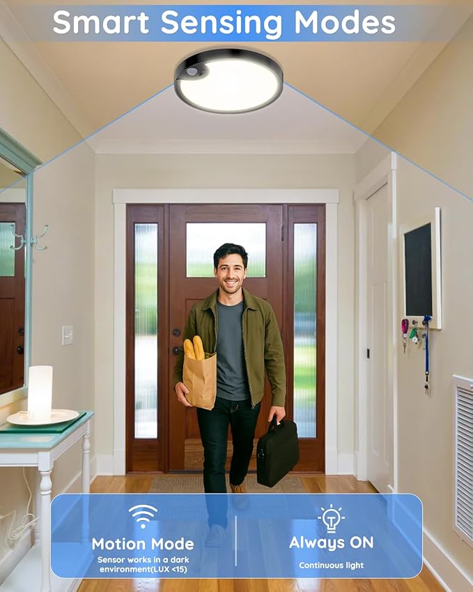 TOOWELL Waterproof Shower Light Indoor - Rechargeable Motion Sensor Ceiling Light, 3CCT Closet Light Battery Operated, Wireless Overhead Sensor Light for Shower Closet Pantry Hallway