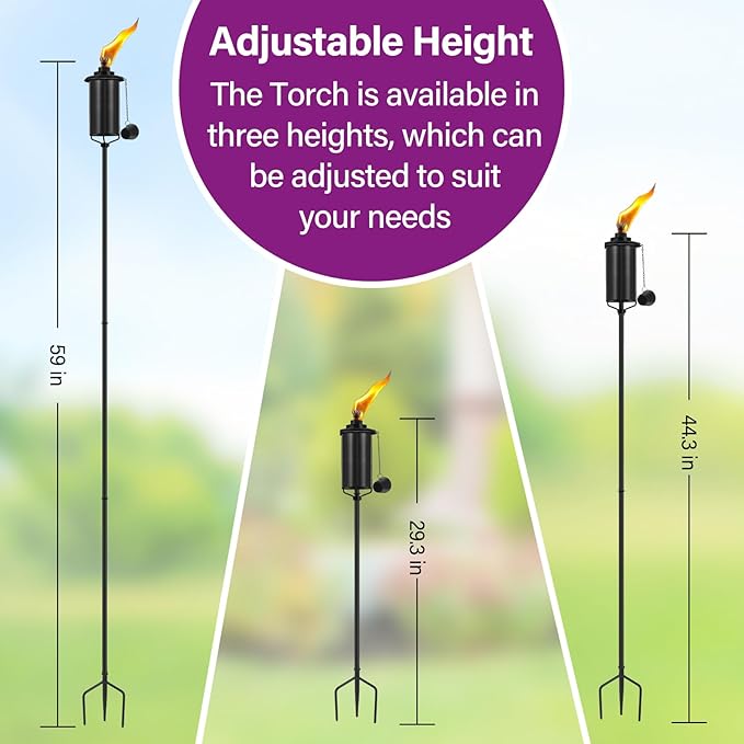 Home Garden Torch Set of 6, 16oz Outdoor Metal Torch Garden Décor, 59-Inch Upgraded Citronella Torches with 3-Prong Grounded Stake, Metal Light Torches for Party Patio Pathway