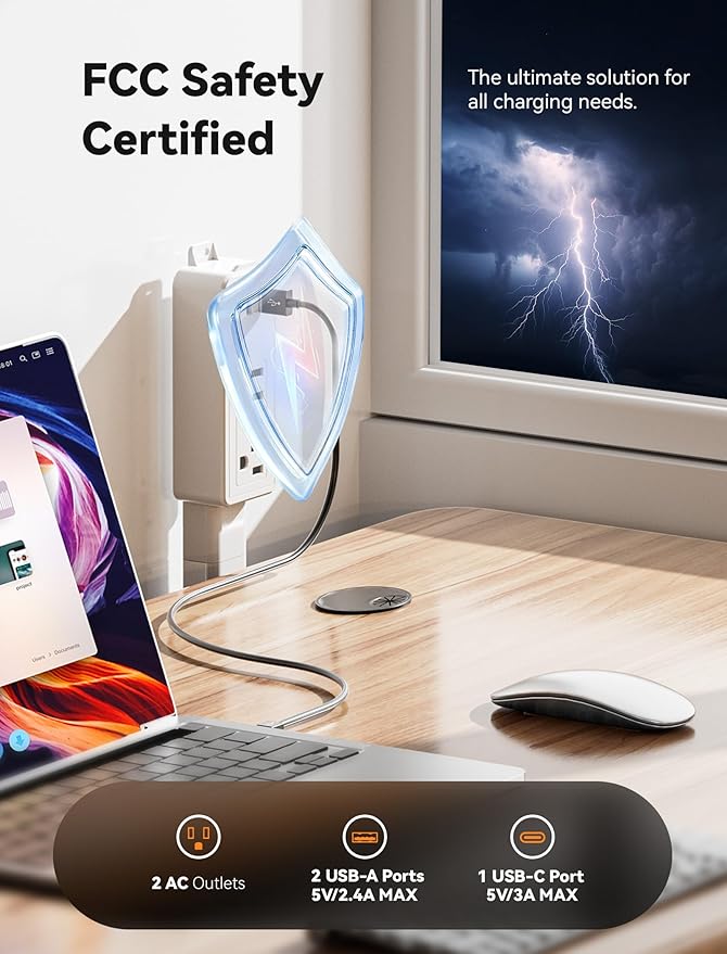Blueera Electrical Outlet Extender Features USB-C, 2 USB-A, 2 AC Outlets, Access Hard-to-Reach Places, Extends 17''-36'', Extendable Outlet with 4-Way Plug for Behind Couches, Nightstands-1 Pack