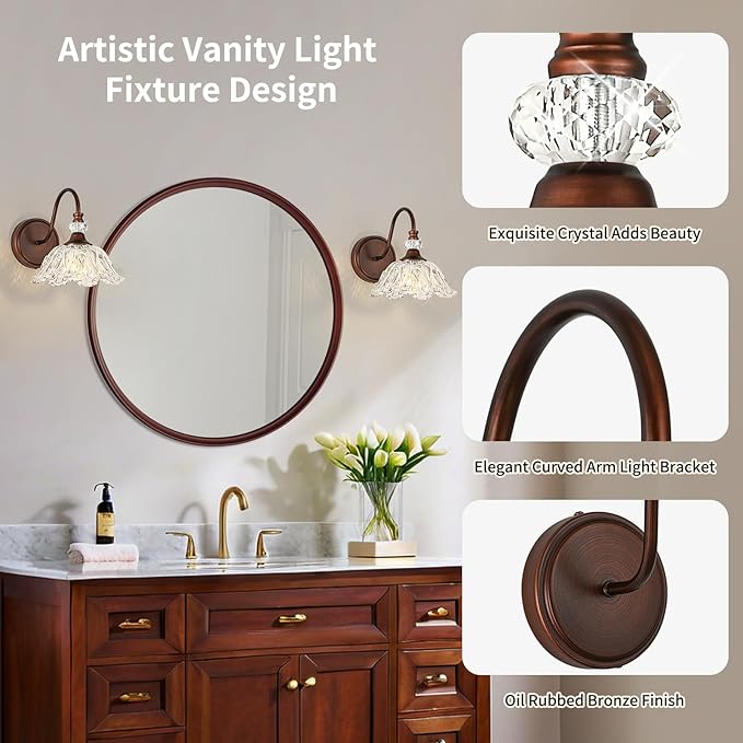 1-Piece Oil-Rubbed Bronze Vintage Wall Sconce with Floral Etched Clear Glass Shade, Farmhouse Wall Mount Lighting for Bathroom,Vintage Bathroom Vanity Light Fixtures