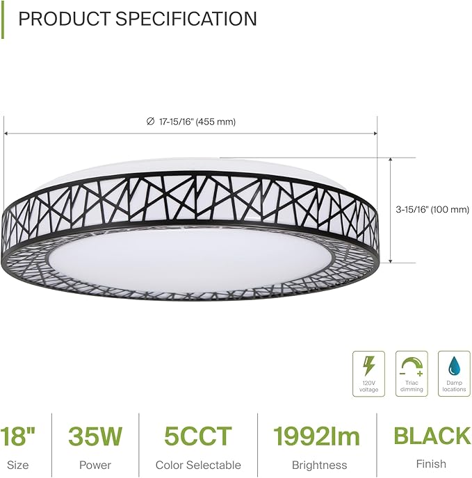 ASD 18 Inch LED Flush Mount Ceiling Light Fixture for Bedroom, 35W 1992LM 5CCT 2700K-5000K, Triac Dimmable Lights, Dining, Living Room, Kitchen Lamps, Modern Home Lighting Fixtures, Black, ETL