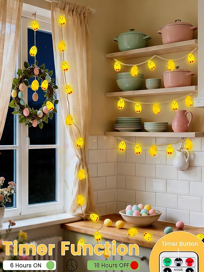 YIQU Easter Decoration String Lights, 10FT 12LED Indoor Chick Mantel Garland Battery Operated with Remote Timer 8 Modes, Hemp Rope Banner for Fireplace Table Wall Spring Party Indoor Outdoor Decor