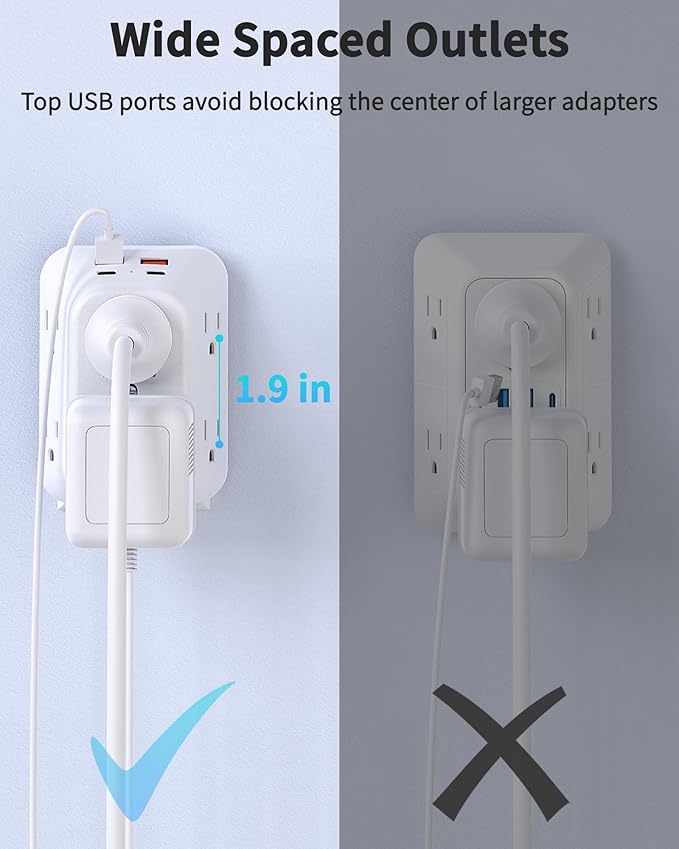Outlet Extender Surge Protector, 6 Outlet Splitter with 4 USB Ports (2 USB C), USB Wall Charger, 3-Sided 1050J Multi Plug Wall Outlet, Wall Mount for Home Travel Office Travel, White