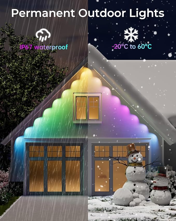 CINOTON Permanent Outdoor Lights 100ft, Smart RGBW+IC Eaves Lights with 60LEDs, IP67 Waterproof, 111 Scene Modes for Daily and Festival, Halloween Christmas Holiday Decor, APP/Voice/Remote Control