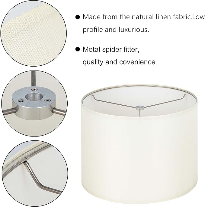 Wellmet Cream White Set of 2 Drum Lampshades, Easy Assembly Required 16" Top x 16" Bottom x 12" High Replacement Lamp Shades, Fabric Lampshades for Table Lamps Floor Lamps, Metal Spider Fitter