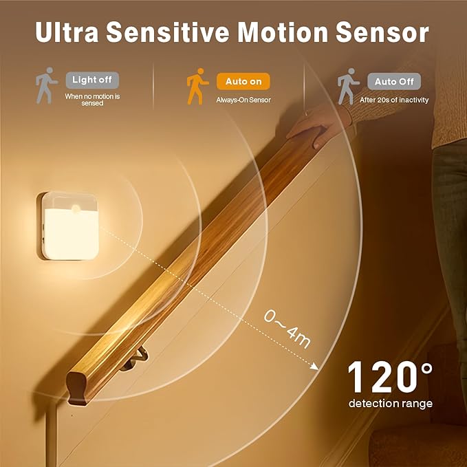4 Pack Motion Sensor Light Indoor, Rechargeable Night Light, 60LM, 2-Modes, Stick-on Battery Operated LED Sensor Light for Stairway, Hallway, Kitchen, Closet, Bedroom