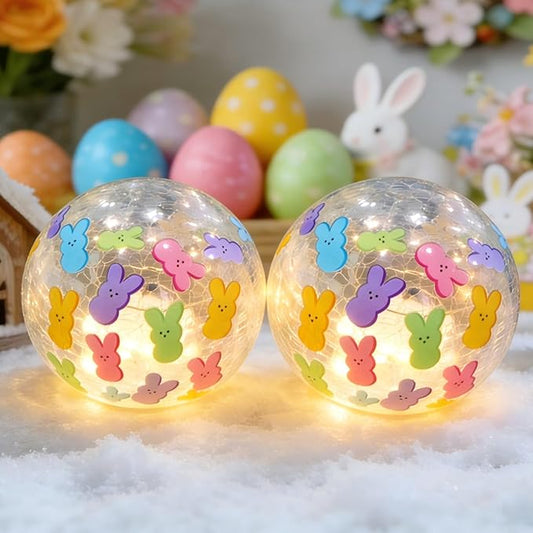 2 Pcs Easter Lighted Glass Ball Decorations - 3.9inch Easter Bunny Crackle Pattern LED Lights Eggs with Timer, Light Up Egg Lamp Table Easters Decor Decorative Snow Globe for Holiday Garden Party Gift