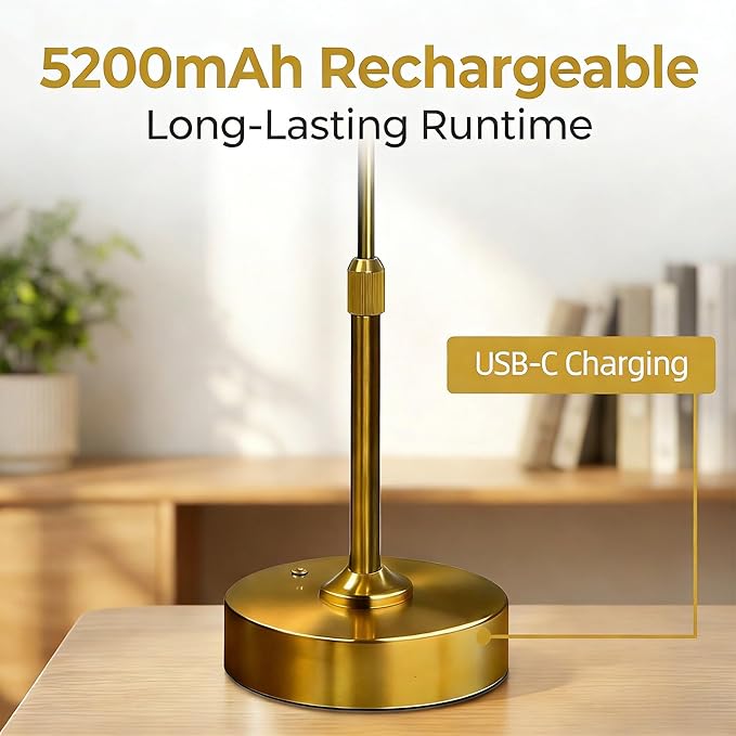 Crystal Glass Table Lamp - Cordless & Rechargeable with 5200mAh, Warm White Stepless Dimming, Portable Reading Light for Bedroom Nightstand, Living Room Home Decor