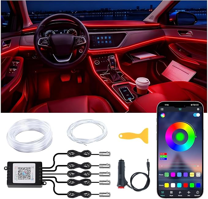 Interior Car LED Lights Wireless APP Control 5 in 1 RGB Ambient Lighting Kit with 236" Fiber Optic, 16 Million Colors Music Sync Waterproof LED Strip Lights for Cars Trucks SUVs Auto Interior Decor