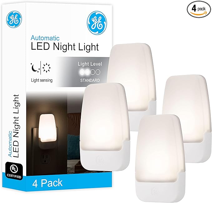 GE LED Night Light, Plug-in, Dusk to Dawn Sensor, Warm White, Ambient Lighting, Ideal for Kids and Adults Bedroom, Bathroom, Nursery, Hallway, Kitchen, 46882, 4 Pack