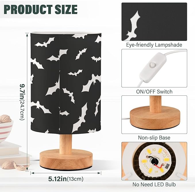 Bedside Table Lamp Bat Halloween Black Nightstand Lamp with Wood Desk Lamps for Bedroom Living Room Nursery Office Home Decor