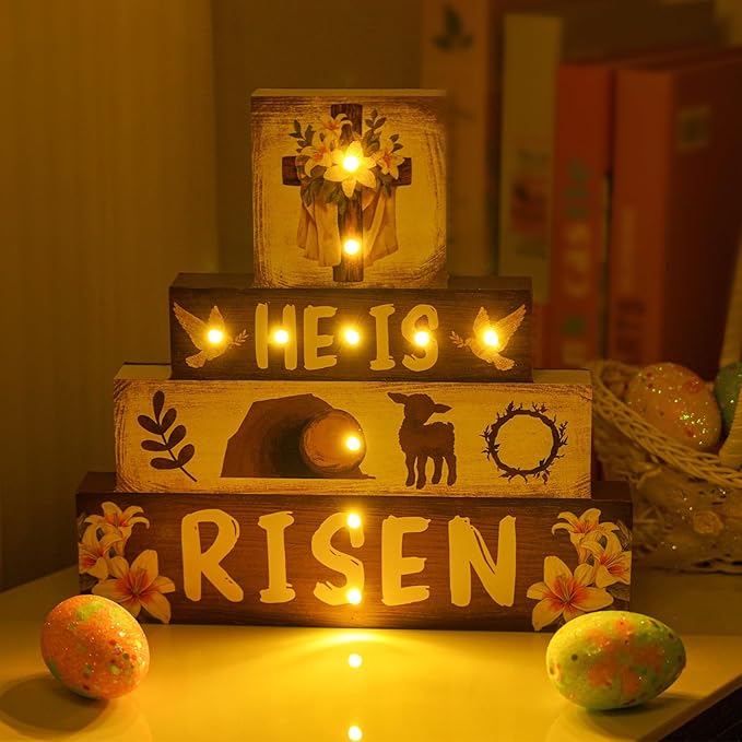 Religious Easter Decorations Indoor - Led Cross Christian Decor He Is Risen Light up Happy Easter Wooden Sign for Table Religious Home Office Indoor Decor 9 × 9 Inch