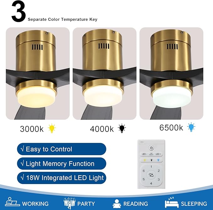 Sofucor Low Profile Ceiling Fan with Lights and Remote Control, 52" Wood Ceiling Fan with 3 Color Temperature & Adjustable Brightness, Black Wood