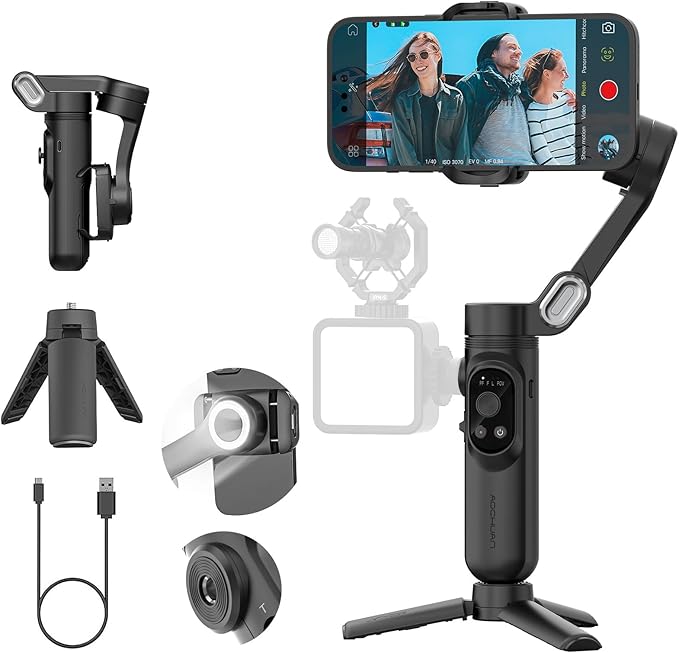 AOCHUAN 3-Axis Gimbal Stabilizer for iPhone 15/14/13 Pro Max Android,Foldable Smartphone Gimbal w/Built-in Fill Light,1/4 Thread,Professional Anti-Shake Video Record for TikTok YouTube(Smart X Black)