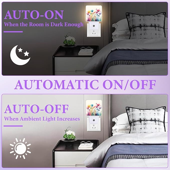 Watercolor Floral Night Light,Abstract Plug-in Night Lights with Dusk-to-Dawn Sensor for Bedroom,Bathroom and Living Room Sleep Friendly lamp 0.5w