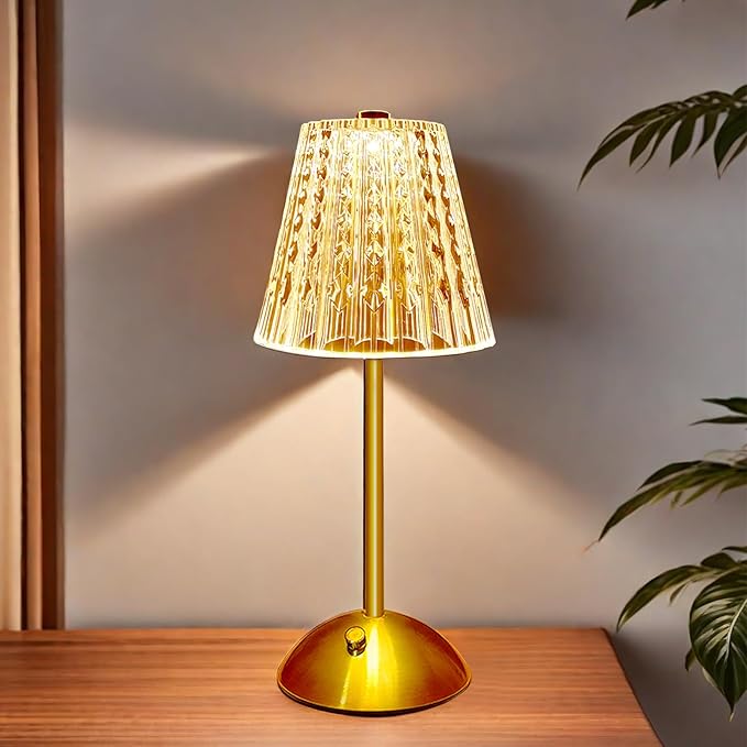 Metal Cordless Table Lamp Touching Control Crystal Lamp, Rechargeable Diamond Table Lamps with 3 Color Changing Light, Table Lamp Modern Style Bedside Lamp for Bedroom,Office,Bar,Wedding