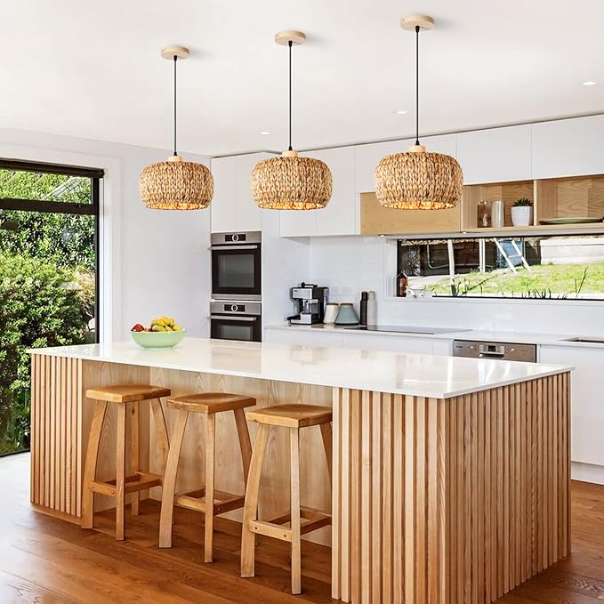 Boho Pendant Lights Kitchen Island, 11.8" Bohemian Rattan Hand-Woven Light Fixture Natural Seagrass Weaving Lighting Hanging Ceiling Chandelier for Restaurants Living Dining Room Farmhouse