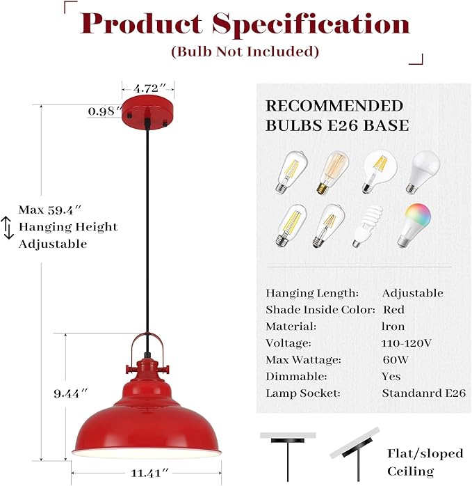 Red Dome Pendant Light, Red Pendant Light Kitchen Island 3 Pack, 11.41 Inch Farmhouse Pendant Lights, Hanging Light Fixture for Kitchen Island, Dining Room, Living Room