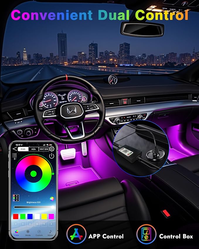 Car Led Strip Lights, RGB Truck Interior Lights with App Control, Under Dash Footwell Automotive Led Light Strip, Car Ambient Lighting (1set)