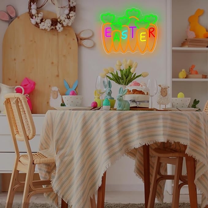 Carrots Neon Sign Easter Neon Light for Bedroom Office Dimmable Happy Easter LED Sign Festive Neon Wall Decor for Garden Kidsroom Carrot Window Lights