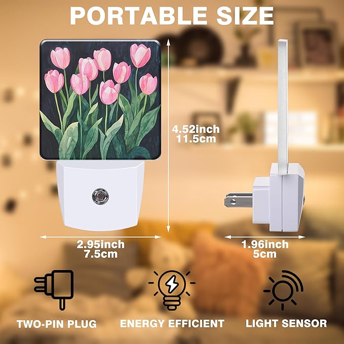Pink Tulips Night Light, Floral Plug-in Nightlight with Dusk to Dawn Auto Sensor for Home Bedroom Hallway Kitchen 0.5W Sleep Friendly Led Lamp for Women Men