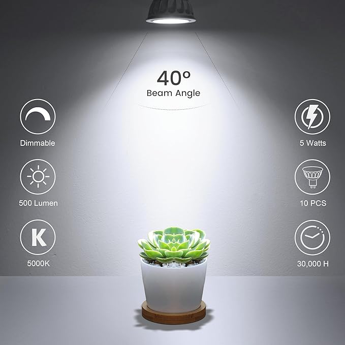 10 Pack Dimmable MR16 LED Bulbs, 12V 5W(50-Watt Equivalent), 5000K Daylight White, GU5.3 Bi-Pin Base, 40-Degree, Indoor/Outdoor Landscape Spotlight Track Recessed Lighting