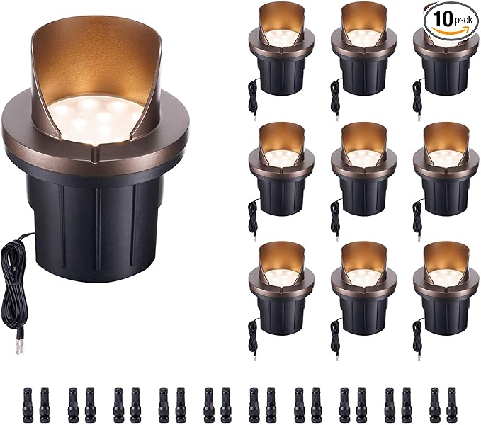 Low Voltage LED Well Lights Outdoor, In-Ground Landscape Lights Warm White 3000K, 12V IP67 Waterproof 4" Shielded Top Aluminum ORB for Pathways & Yards, 10 Pack