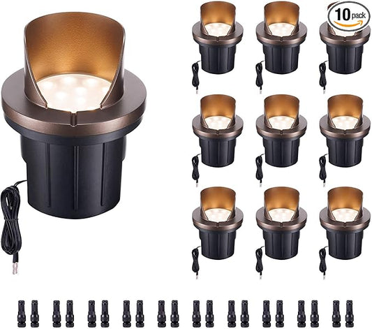 Low Voltage LED Well Lights Outdoor, In-Ground Landscape Lights Warm White 3000K, 12V IP67 Waterproof 4" Shielded Top Aluminum ORB for Pathways & Yards, 10 Pack