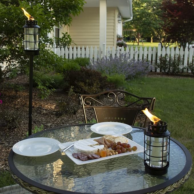 TIKI Outdoor Glass Lantern Torch – Weather-Resistant Decorative Torch for Patio, Garden & Backyard with 4-Piece Adjustable Height Pole, Fiberglass Wick & Snuffer, Black