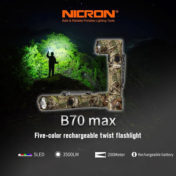 NICRON Flashlight, Rechargeable Twist Flashlight B70 Max 3500 Lumen LED Flashlight 5-Color Light 90 Degree Clamp with 360 Rotary Clip Waterproof