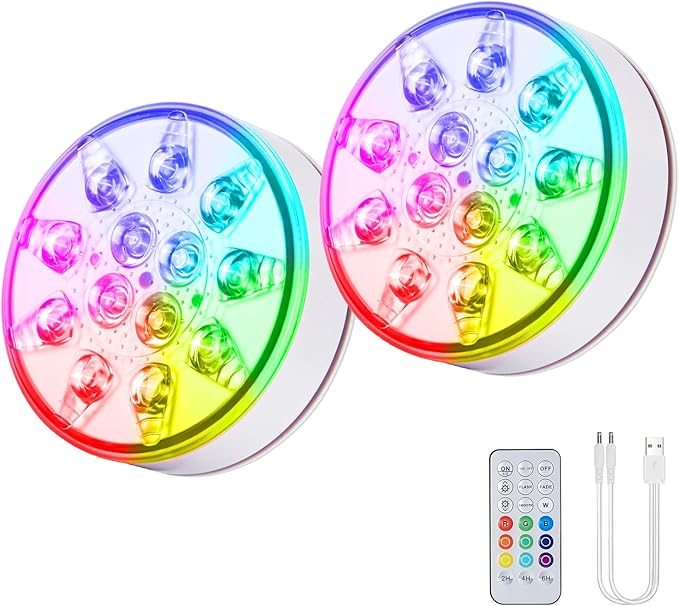 Pool Lights with Remote Control, 16 Colors, IP68 Waterproof, Rechargeable Submersible LED Lights, Suitable for Above-ground and In-ground Pools, Hot Tub, Aquariums, Ponds, Party Decorations, 2 Pack