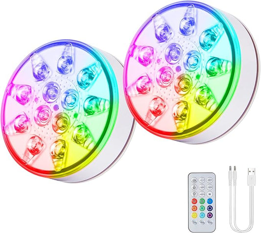 Pool Lights with Remote Control, 16 Colors, IP68 Waterproof, Rechargeable Submersible LED Lights, Suitable for Above-ground and In-ground Pools, Hot Tub, Aquariums, Ponds, Party Decorations, 2 Pack
