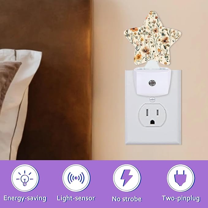 Rustic Wildflower Night Lights Plug Into Wall Decorative,Vintage Floral Sleep Friendly Lamp, Energy Efficient Dusk-to-Dawn Sensor Nightlights for Kid Bedroom Nursery Bathroom