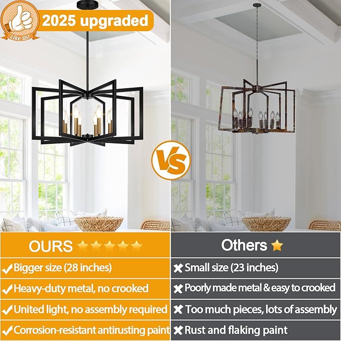 28" Modern Black and Gold No Assembly Required Chandelier for Dining Room, Black and Gold Dining Room Light Fixture Over Table, Industrial Metal Hanging Pendant Light for Kitchen Island, Entryway