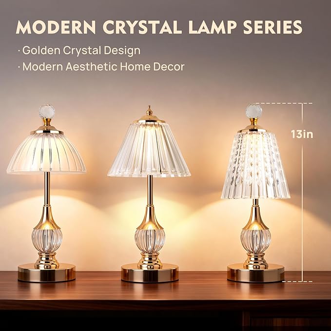Vintage Gold Crystal Rechargeable Lamp Cordless, LED Touch Battery Operated Table Lamp, 3 Colors Dimmable Portable, Modern Home Decor, Bedroom, Bedside, Living Room, Kitchen, Pleated