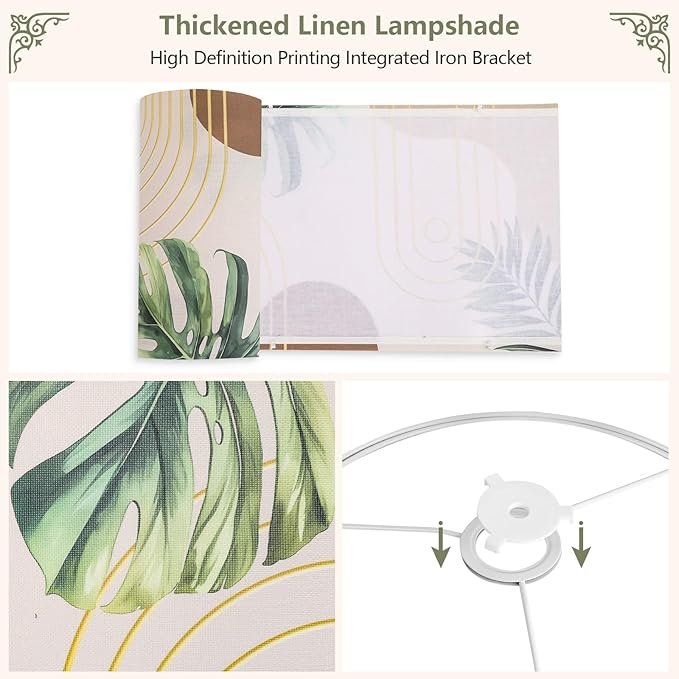 13-inch Fabric Linen Lamp Shade, Boho Lampshade with Tropical Plant & Gold Line Pattern, Lamp Shades for Floor Lamps fit with Spider/Uno, Drum Lampshades for Table Lamp/Pendant (Easy Assemble)