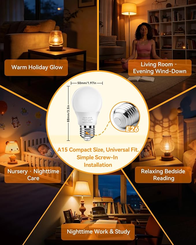 Neporal Amber Sleep Light Bulbs 1800K 4PK, 6W 40 Watt Equivalent, 99.96% Blue Blocking Soft Warm Light Bulbs A15, Amber Night Light E26 for Bedroom and Baby Nursery Light