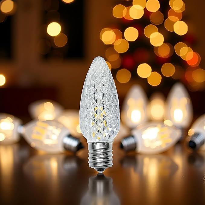 YULETIME Pack of 25 Faceted Warm White C9 Replacement Bulbs, Shatterproof LED Strawberry Bulbs for E17 Base Sockets Christmas String Lights