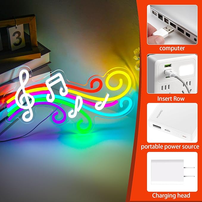 Music Neon Sign for Wall Decor, Dimmable Colorful Musical Note Staff LED Neon Lights for Bedroom, Music Studio, Classroom, Concert, Party, Birthday Gifts for Kids