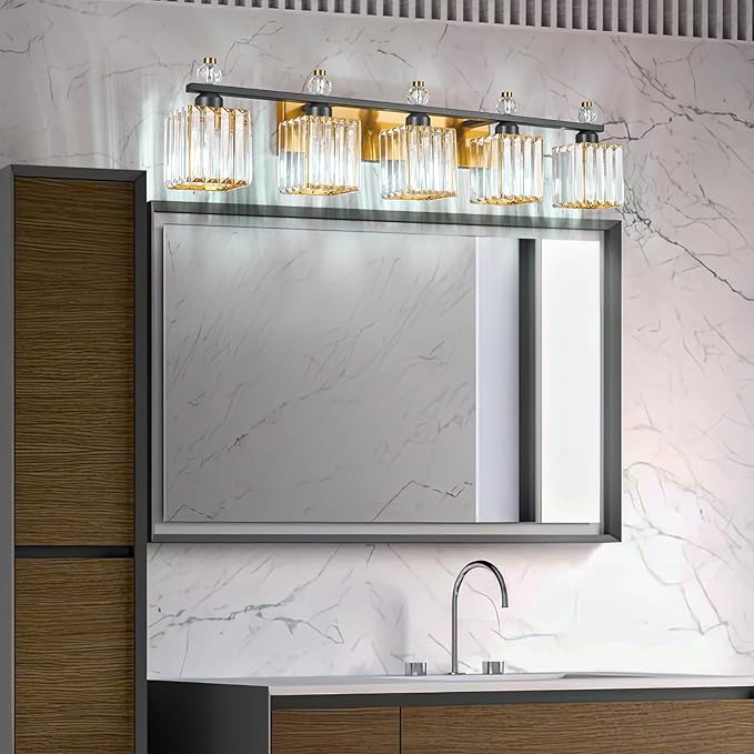 Vanity Lights 5-Light Modern Crystal Vanity Light Black Gold Bathroom Light Fixtures Over Mirror Crystal Bathroom Vanity Lighting Fixtures