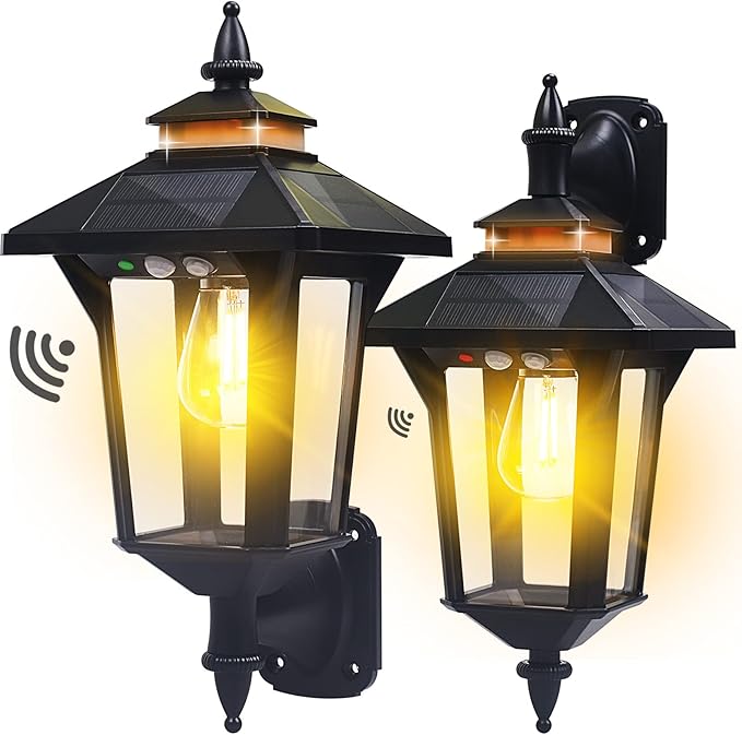 2 Pack Solar Wall Lantern Lights Outdoor with 3 Lighting Modes, Motion Sensor Wall Sconce, Dusk to Dawn LED Exterior Front Porch Lights Fixtures Wall Mount Waterproof for Garage House Doorway Yard